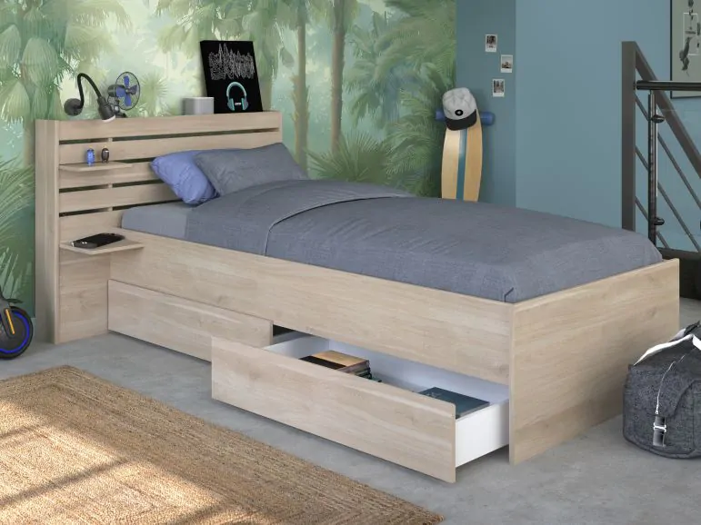 Lit ESCALADE 90x200 cm chêne japonais avec tiroirs