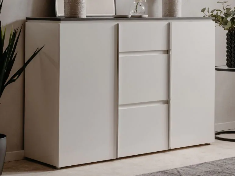 Buffet/bahut BRETON 2 portes 3 tiroirs blanc brillant/matera