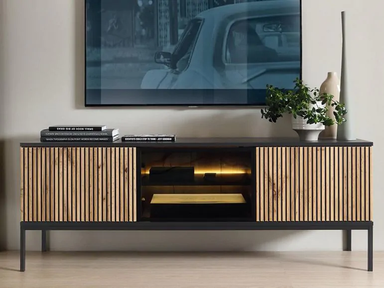 Meuble tv-hifi DORIAN 3 portes noir graphite/chêne wotan