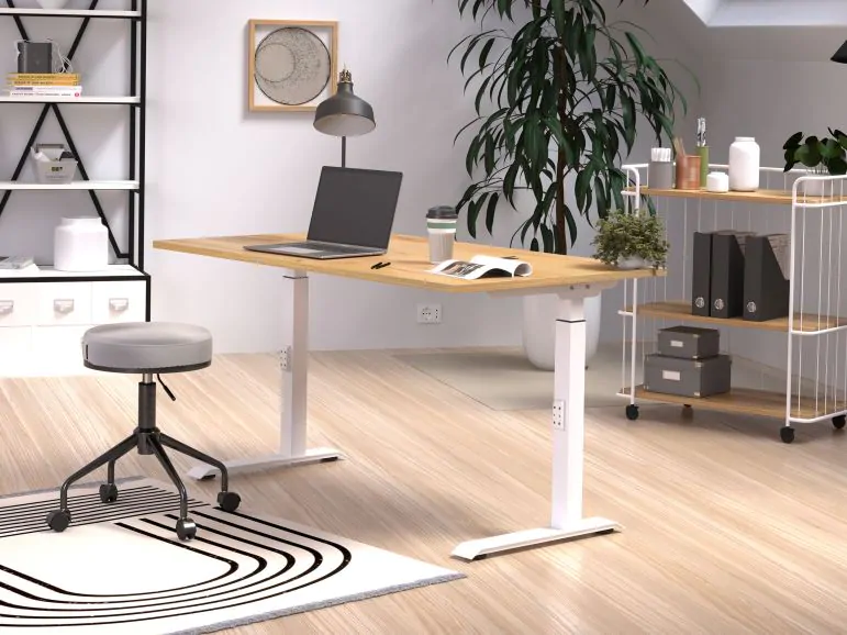 Bureau à hauteur variable électrique ROBERT 140 cm chêne navarra/blanc