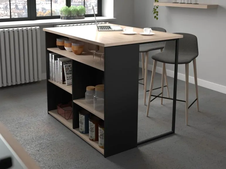 Ilot de cuisine BRUNKA noir/chêne jackson