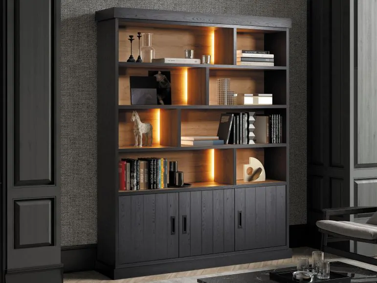 Bibliothèque RAPHEO 3 portes noir nox avec led