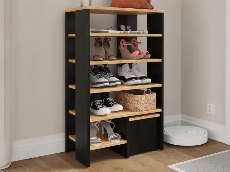 Rangement chaussures RUBINO 5 étagères chêne doré/chêne noir avec banc