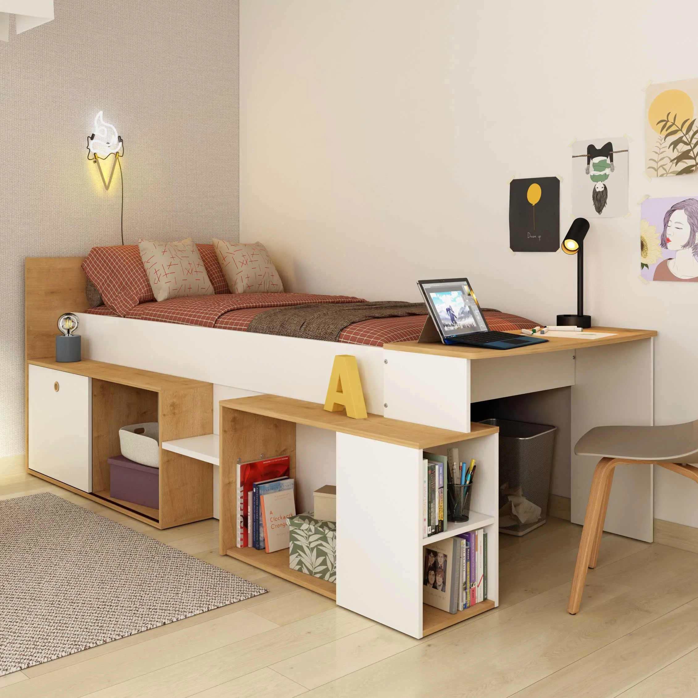 Couchette semi-haute Gaby avec bureau - 118x239x96 cm - Blanc/chêne