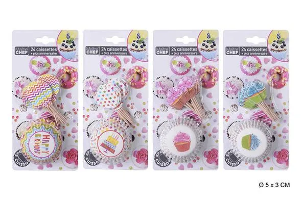 CAISSETTE ET PICS IMPRIMES.D.5X3CM ANNIVERSAIRE X24PCS