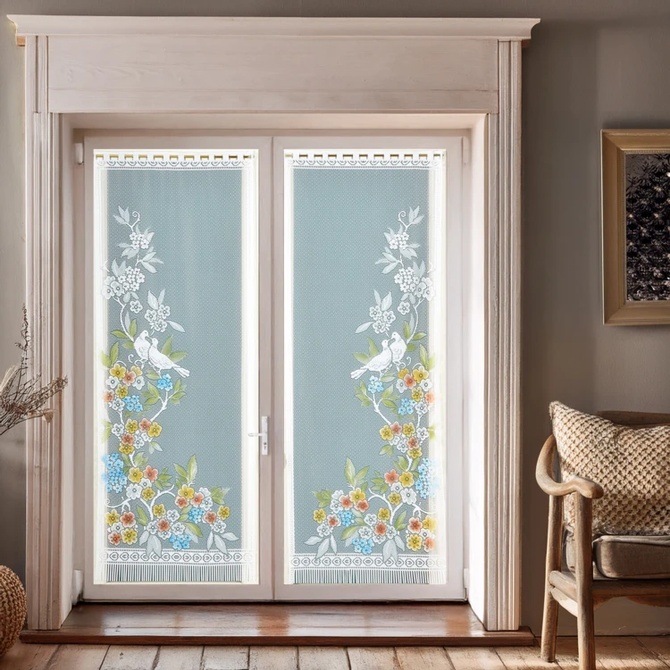 Paire de vitrages frangés en dentelle oiseaux et fleurs