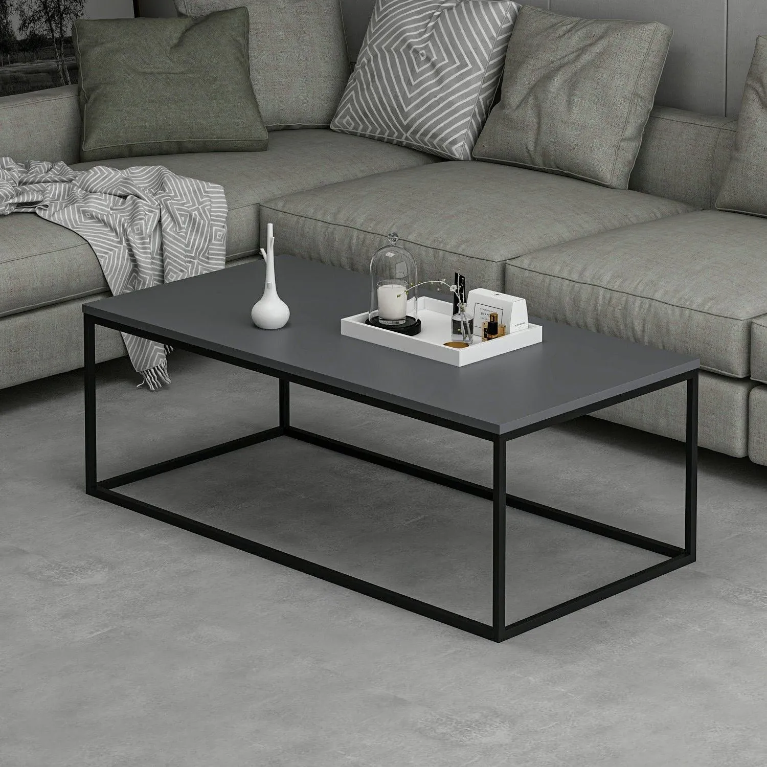 Masa de cafea din lemn si metal, Tiger Antracit / Negru, L120xl60xH42 cm