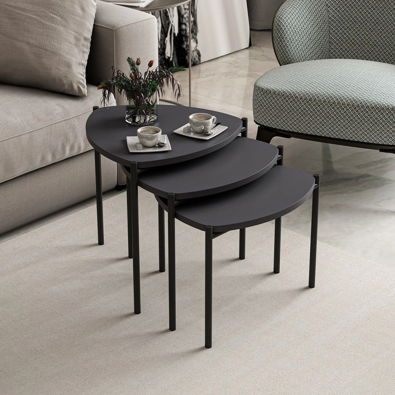 Lenny NT Table gigogne (3 pièces) | 100 % MÉLAMINE | Anthracite