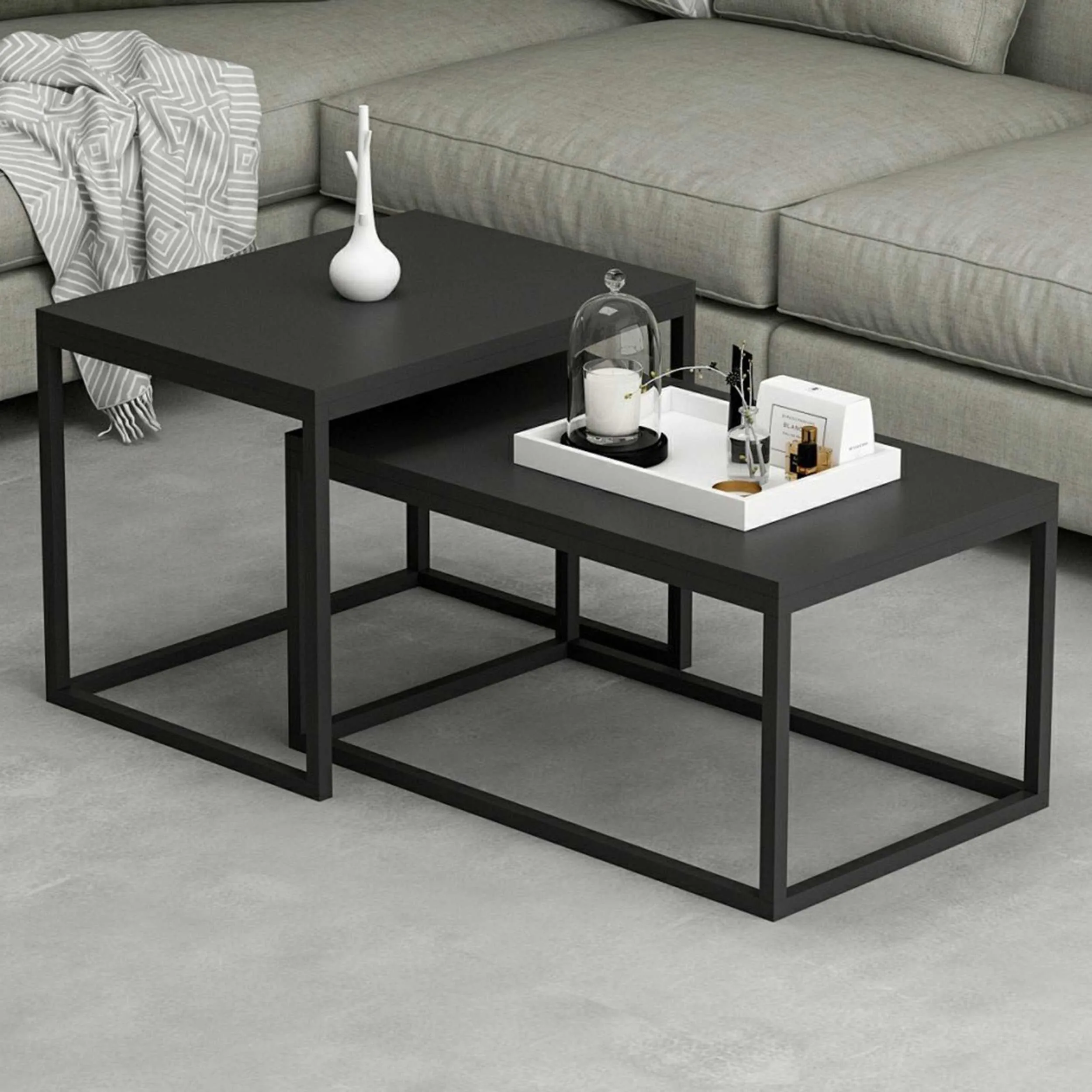 Ensemble de tables gigognes Woody Fashion | Mélaminé | Cadre en métal | Noir