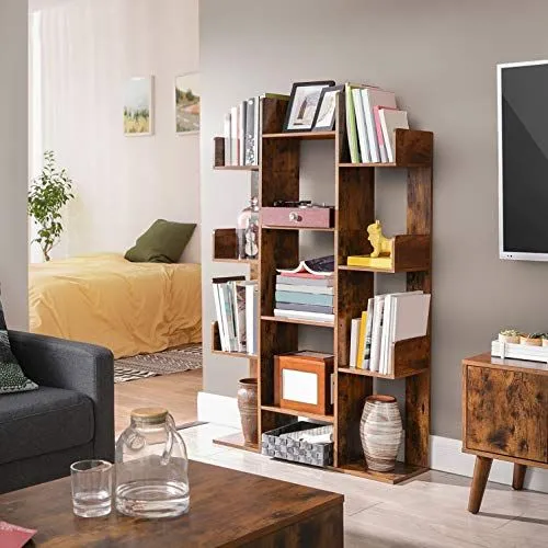 Bibliothèque en forme d'arbre : 13 étagères, 86x25x140cm, brun rustique