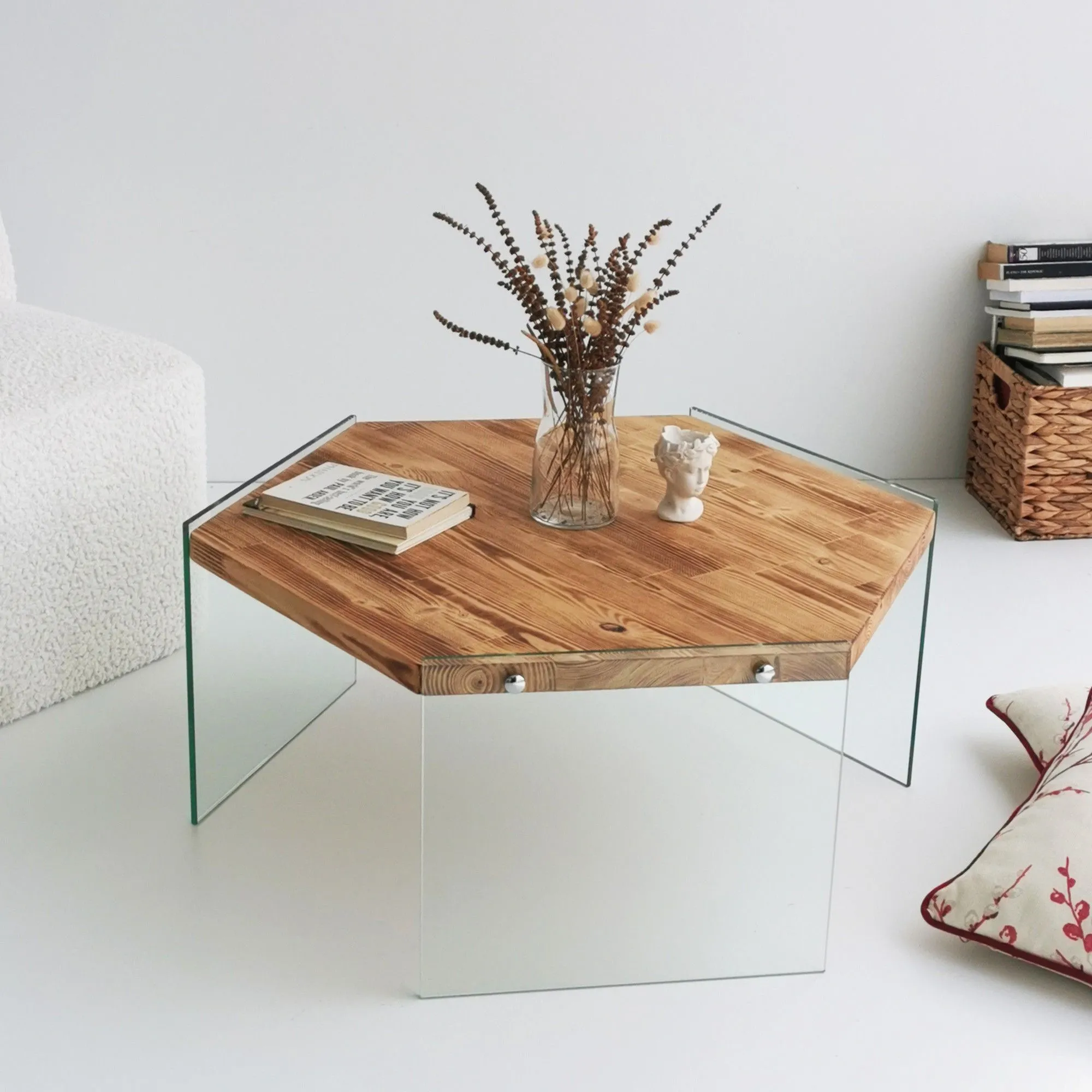 Hexagon Table basse | VERRE TREMPÉ | Chêne