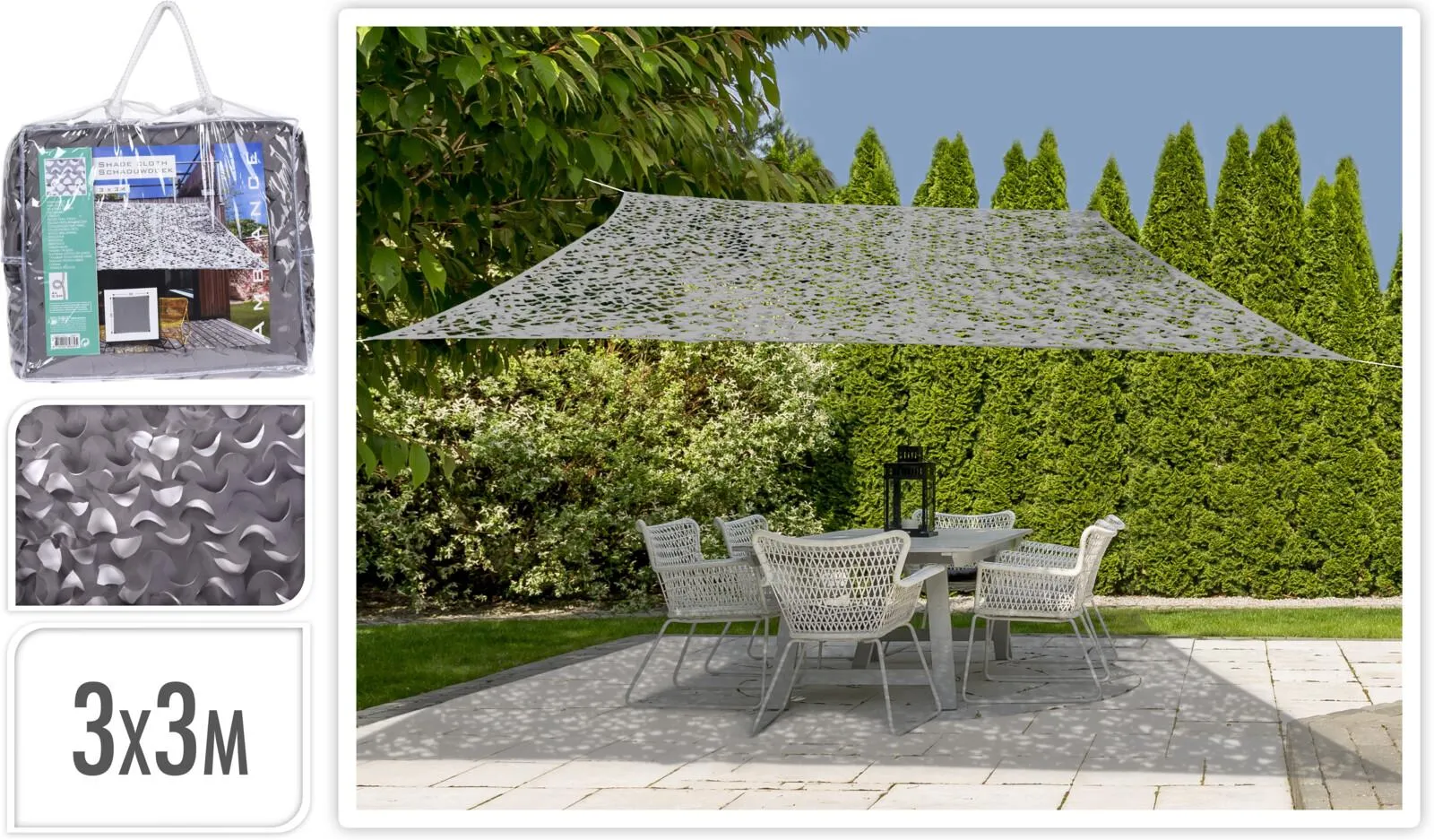 VOILE OMBRAGE CAMOU CARRE 3X3M GRIS CLAIR