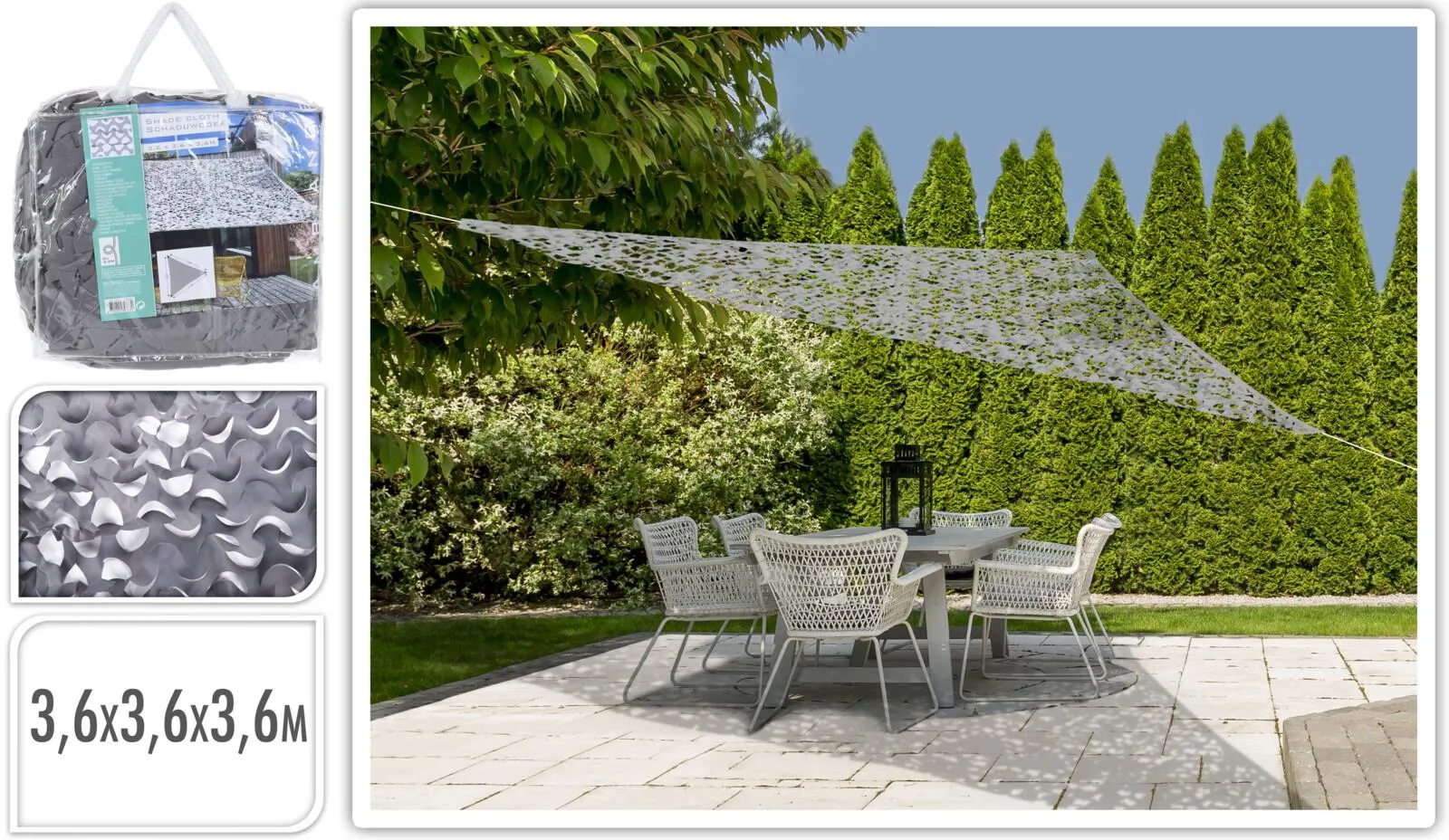 VOILE OMBRAGE CAMOU TRIANGLE 3.6X3.6X3.6M GRIS CLAIR