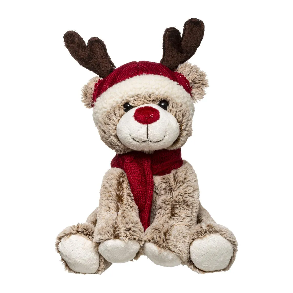 PELUCHE RENNE BRUN BONNET H.35CM