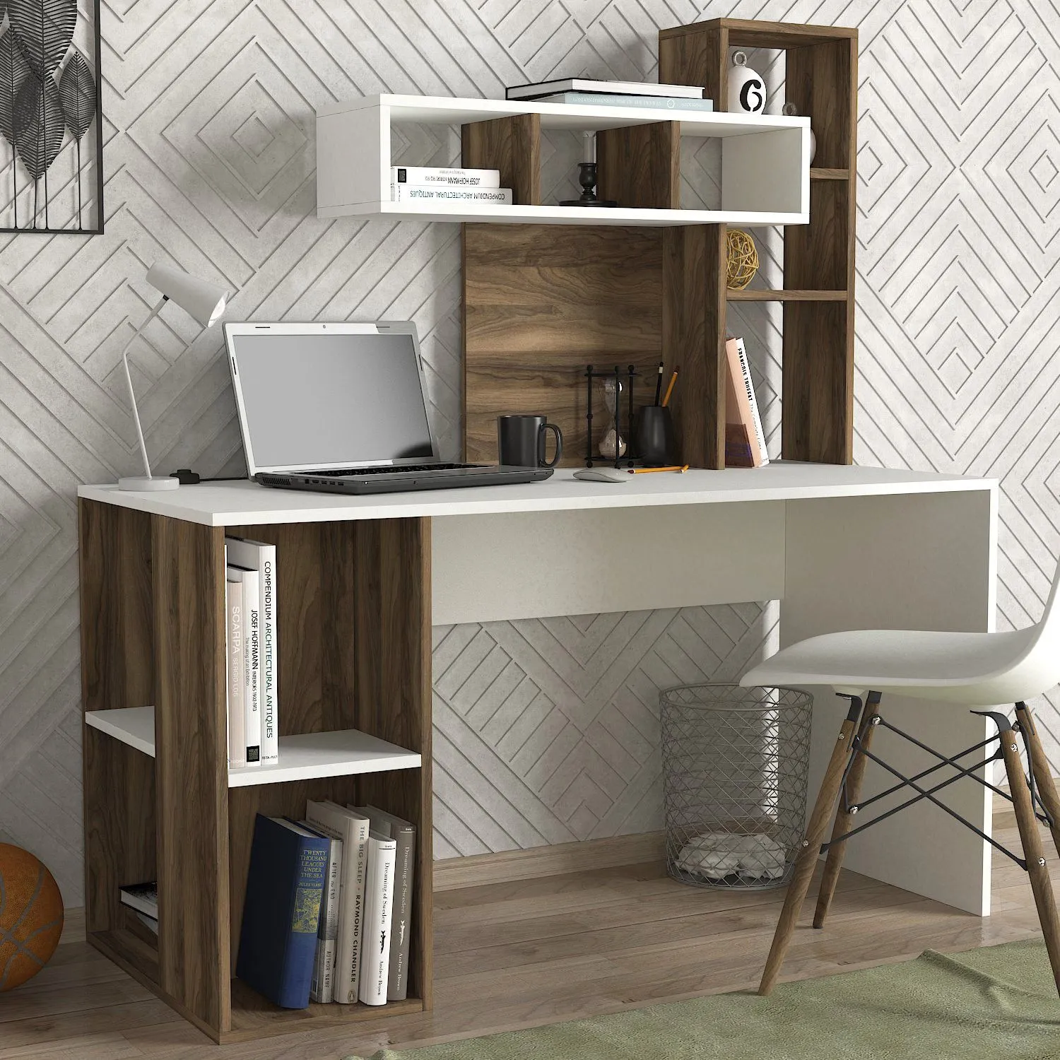 Bureau d'étude en bois | 100% mélaminé | 18mm d'épaisseur | 140cm de largeur | Noyer blanc