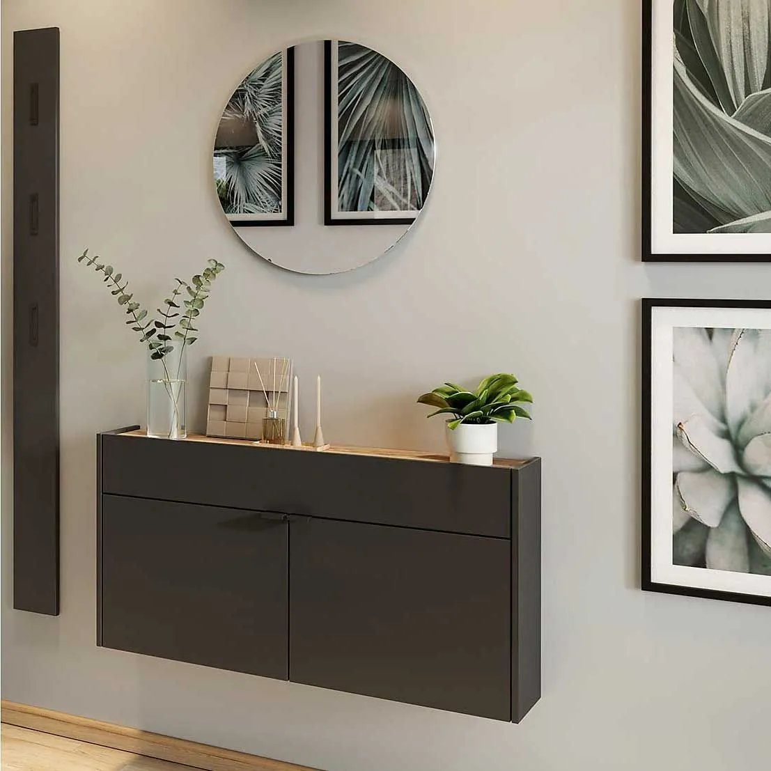 Ensemble armoire multifonctionnelle Amika | Armoire multifonctionnelle, porte-manteau mural et miroir | Gris graphite