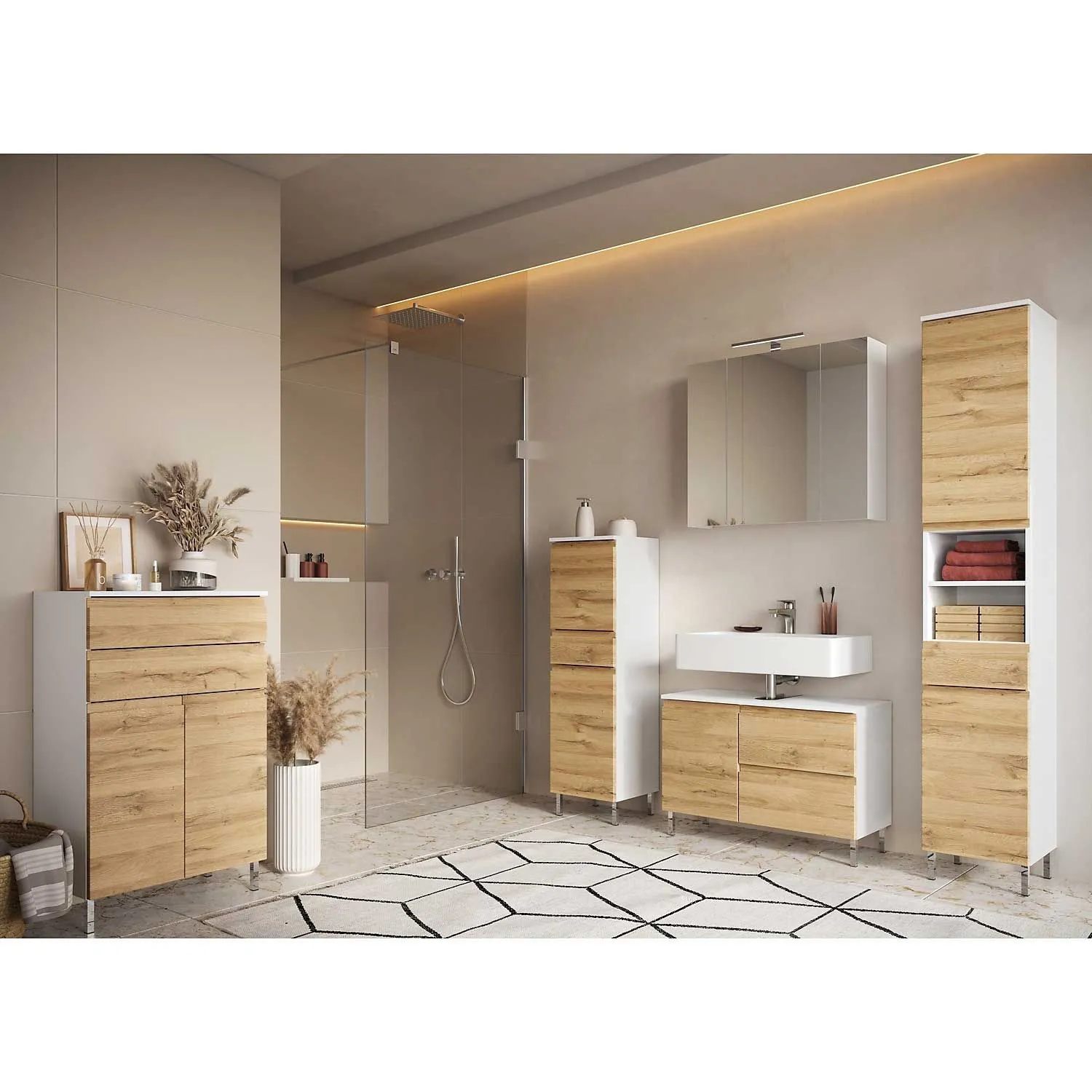 Ensemble de salle de bain Torres | Meuble lavabo, armoire de toilette avec éclairage, armoire colonne, armoire latérale et armoire multifonctions | Décor chêne