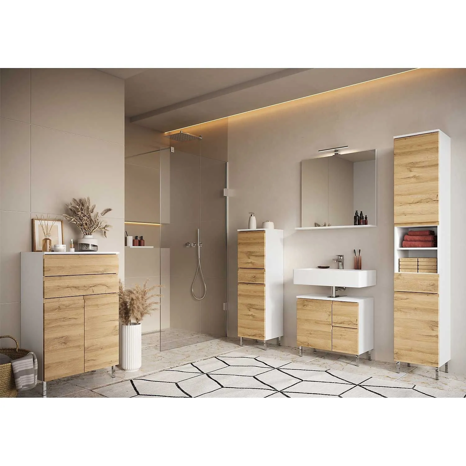 Ensemble de salle de bain Torres | Meuble lavabo, miroir avec éclairage, armoire colonne, armoire latérale et armoire multifonctions | Décor chêne