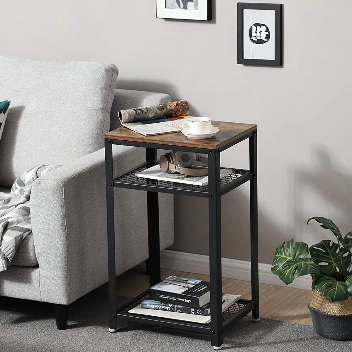 Table d'appoint Bill 35x45 2 tablettes - brun rustique/noir