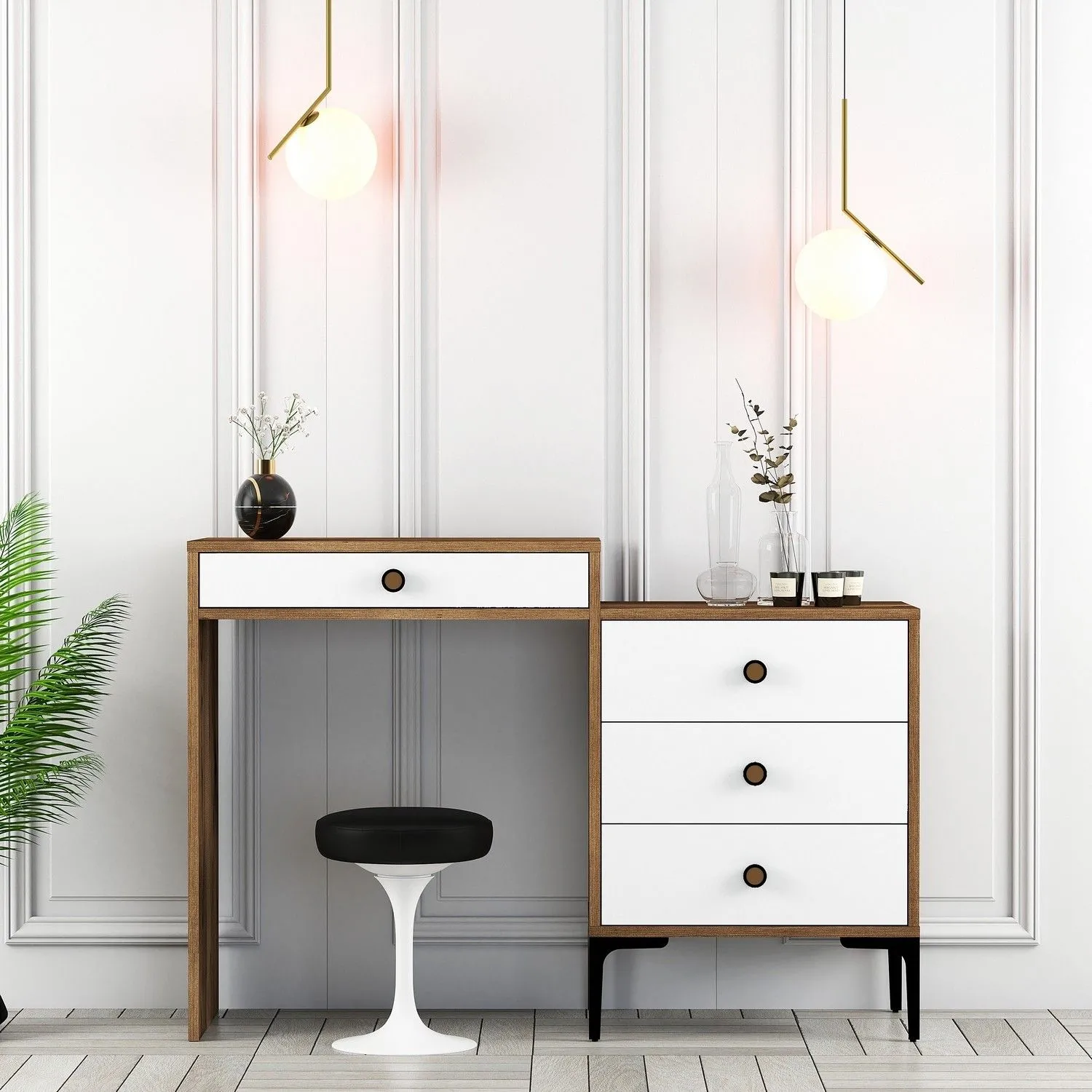 Lizbon Coiffeuse | 100 % MÉLAMINE | Noyer, Blanc