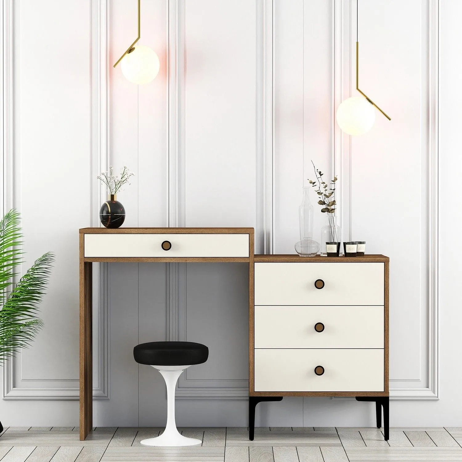 Lizbon Coiffeuse | 100 % MÉLAMINE | Noyer, crème