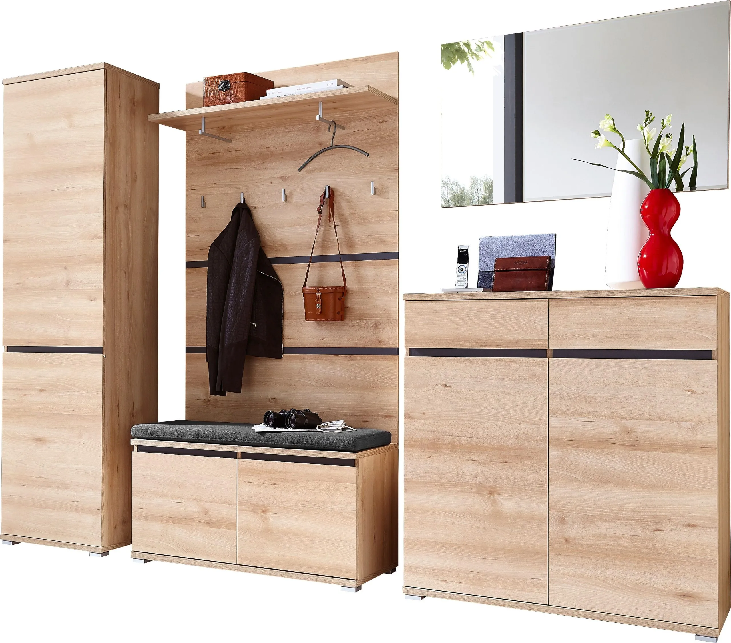 Ensemble d'armoires Lissandro | Armoire à chaussures, miroir mural, banc d'entrée, panneau mural, armoire | Design hêtre noble