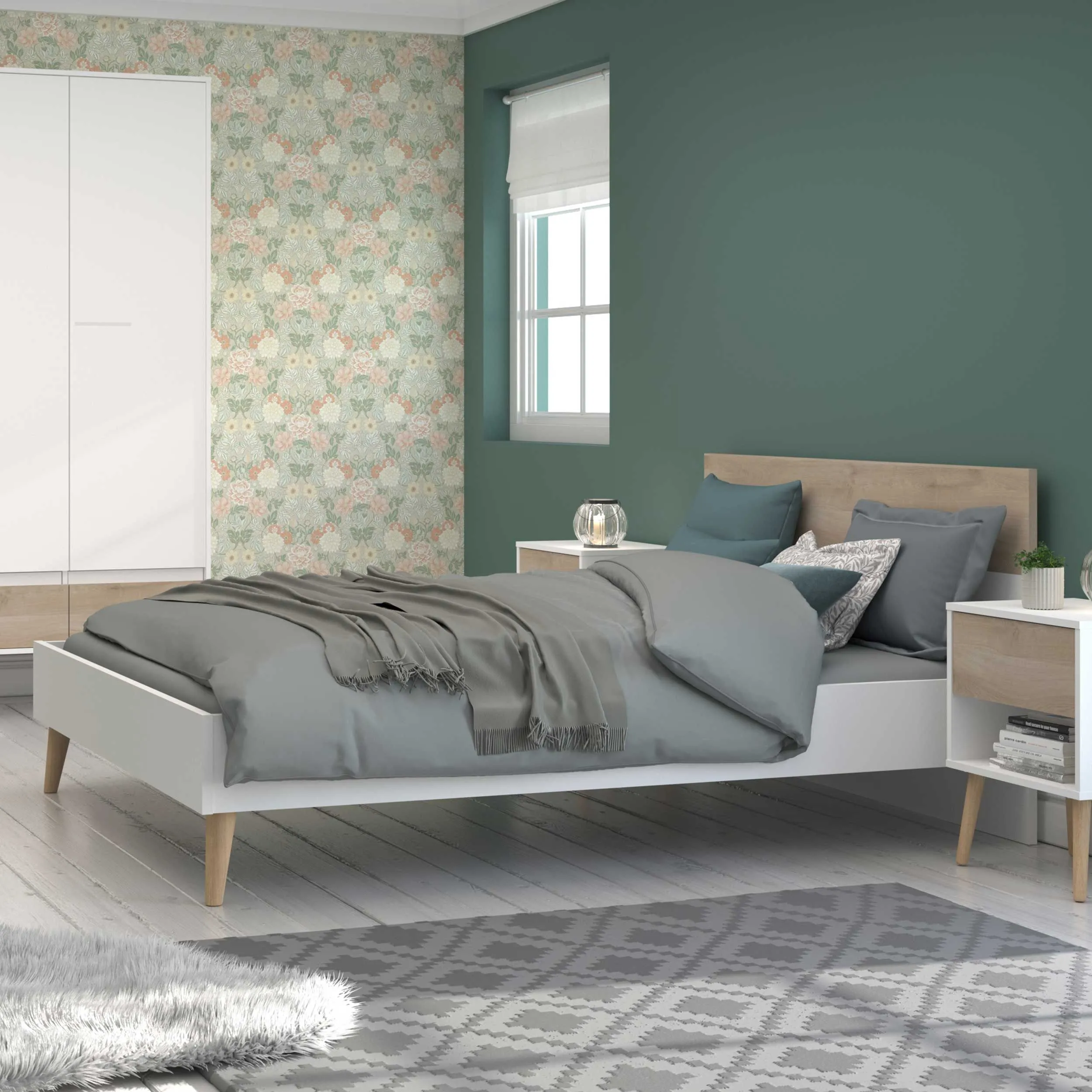 Lit double Hardy 140 x 190 - blanc/chêne