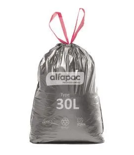 Sac à déchets avec lien coulissant plastique gris 30 L 21 microns Alfapac (50 pièces)