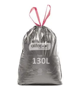 Sac à déchets avec lien coulissant plastique gris 130 L 42 microns Alfapac (15 pièces)