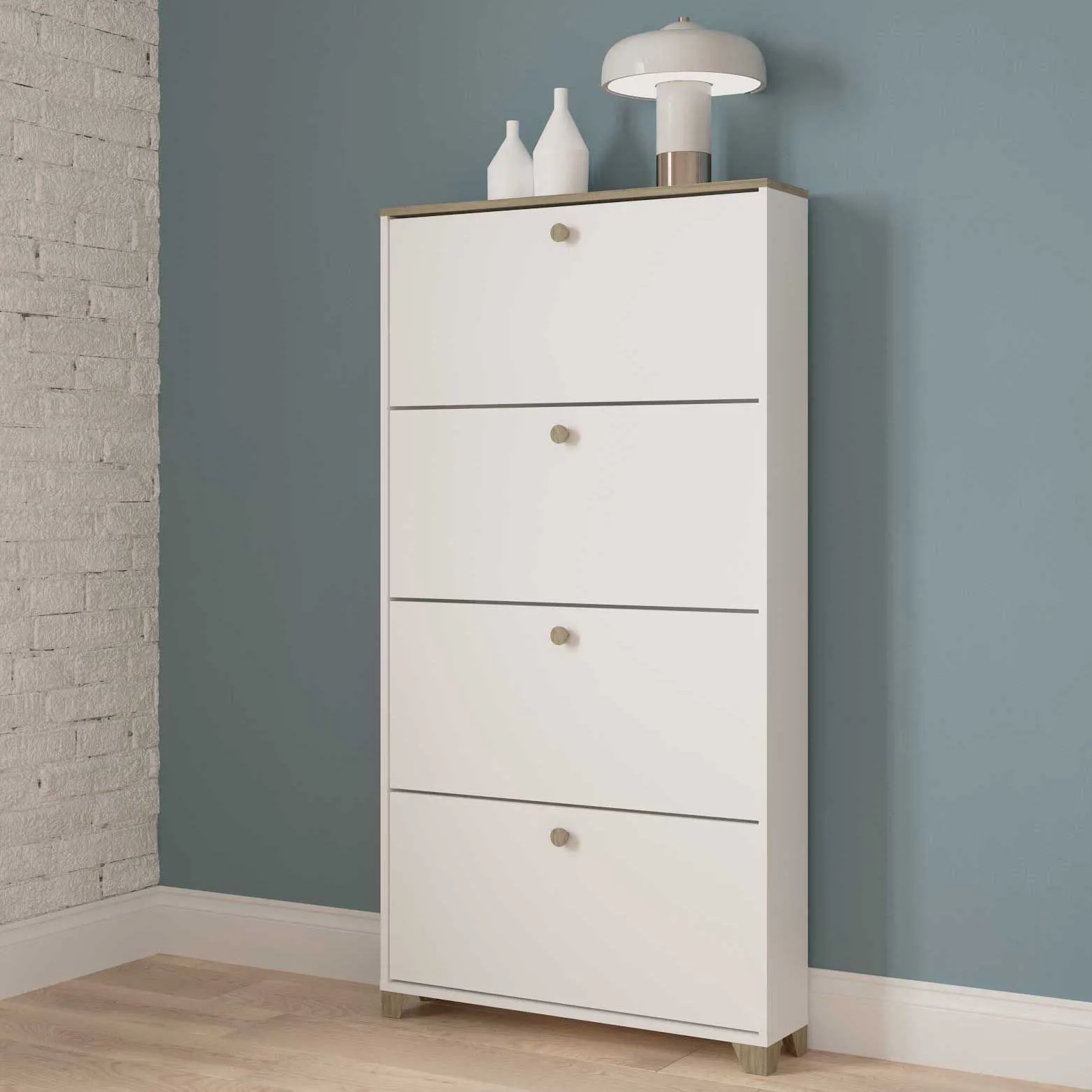 Armoire à chaussures Liva 4 portes battantes-chêne Kronberg/blanc mat