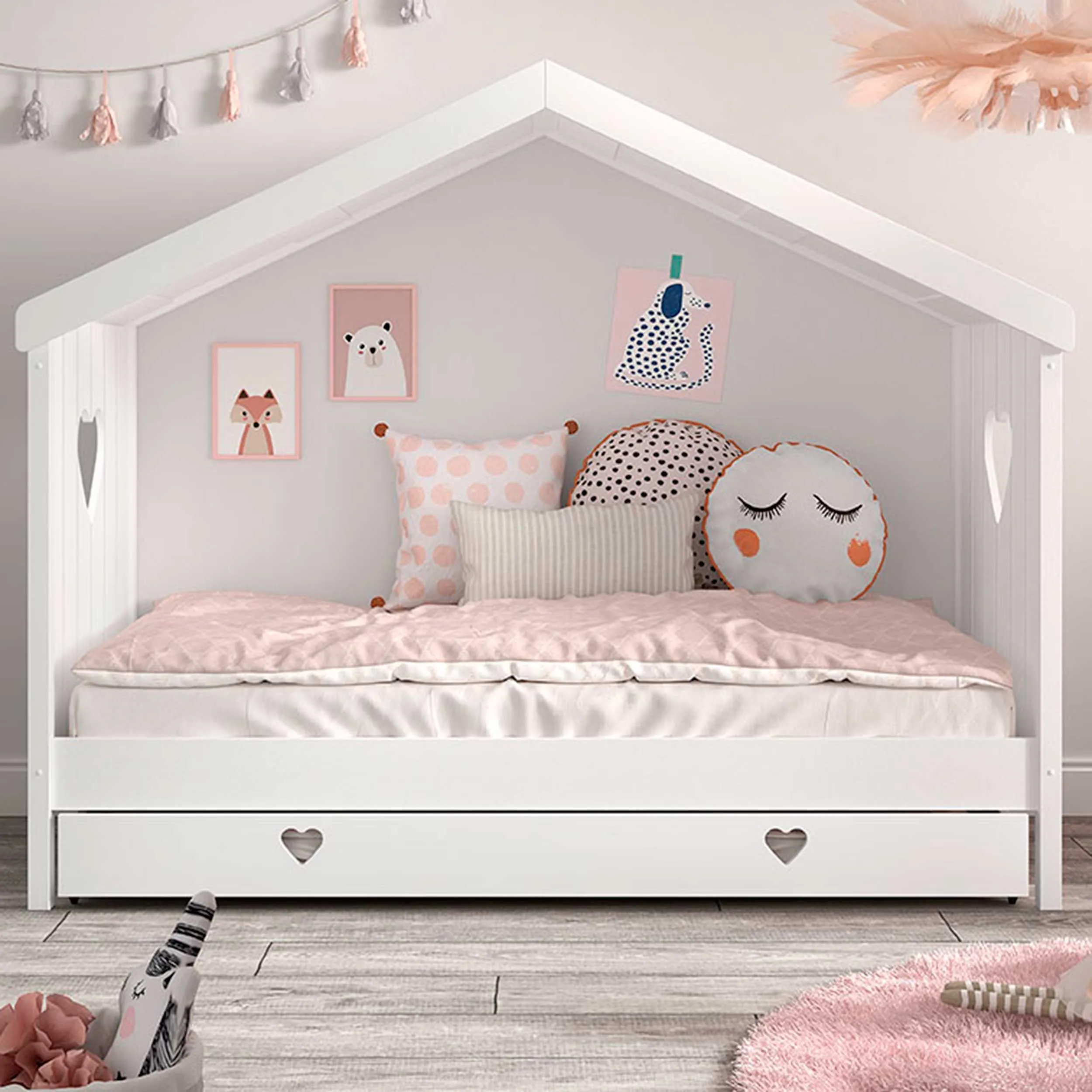 Lit cabane ouvert Amori avec tiroir de lit - blanc