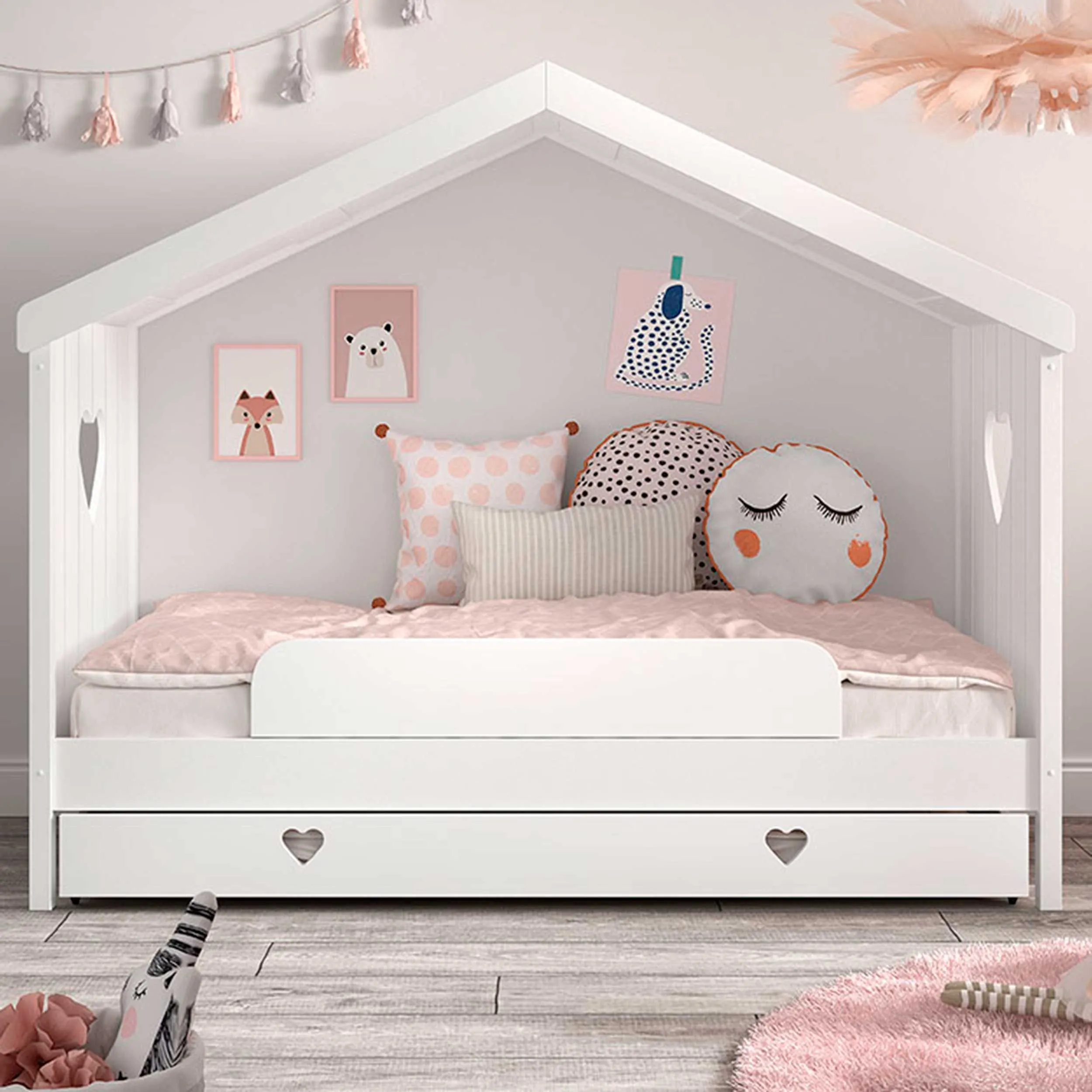 Sommier ouvert Amori avec tiroir de lit et barre de sécurité abaissable - blanc