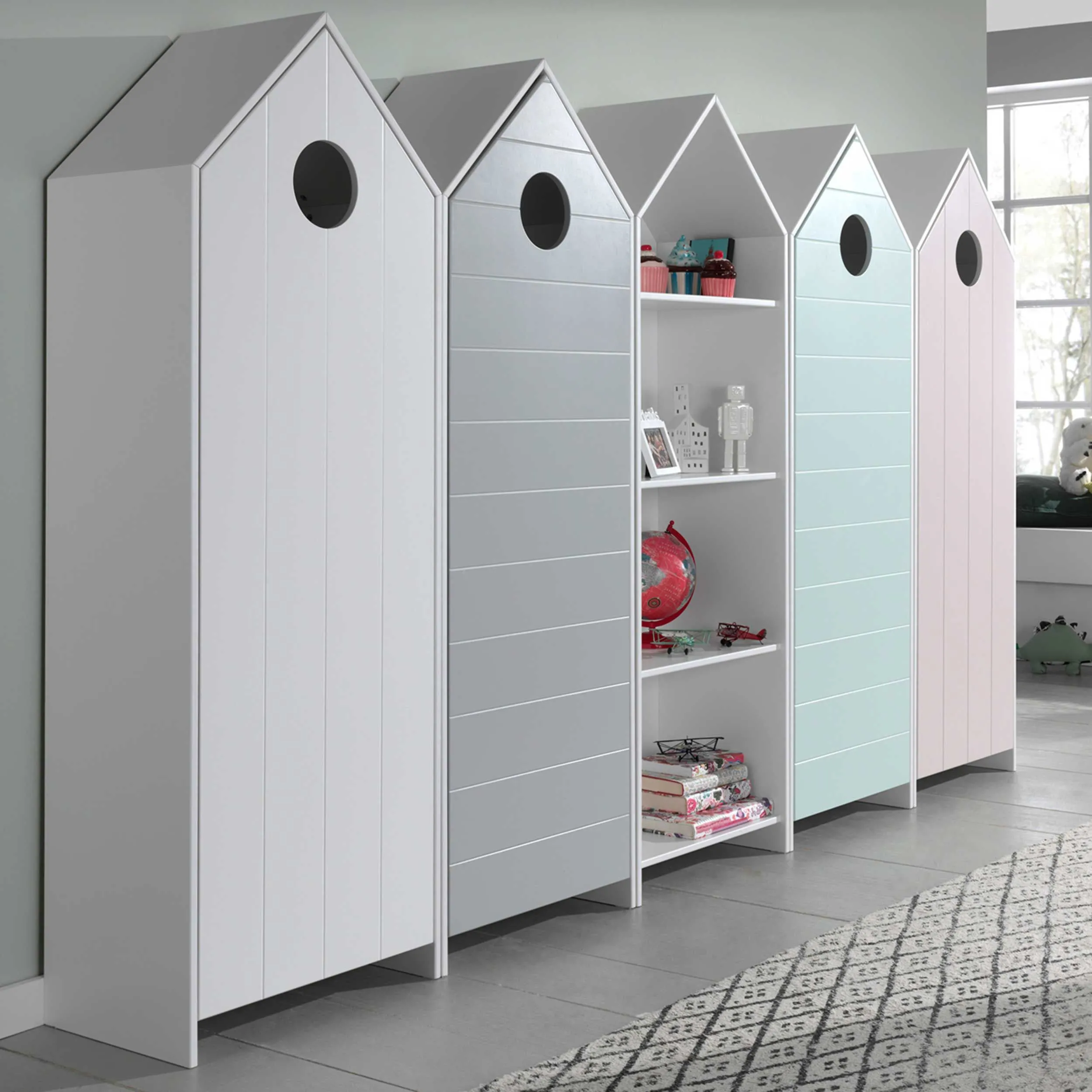 4 armoires Casami + bibliothèque Casami- rose/blanc/gris/vert menthe