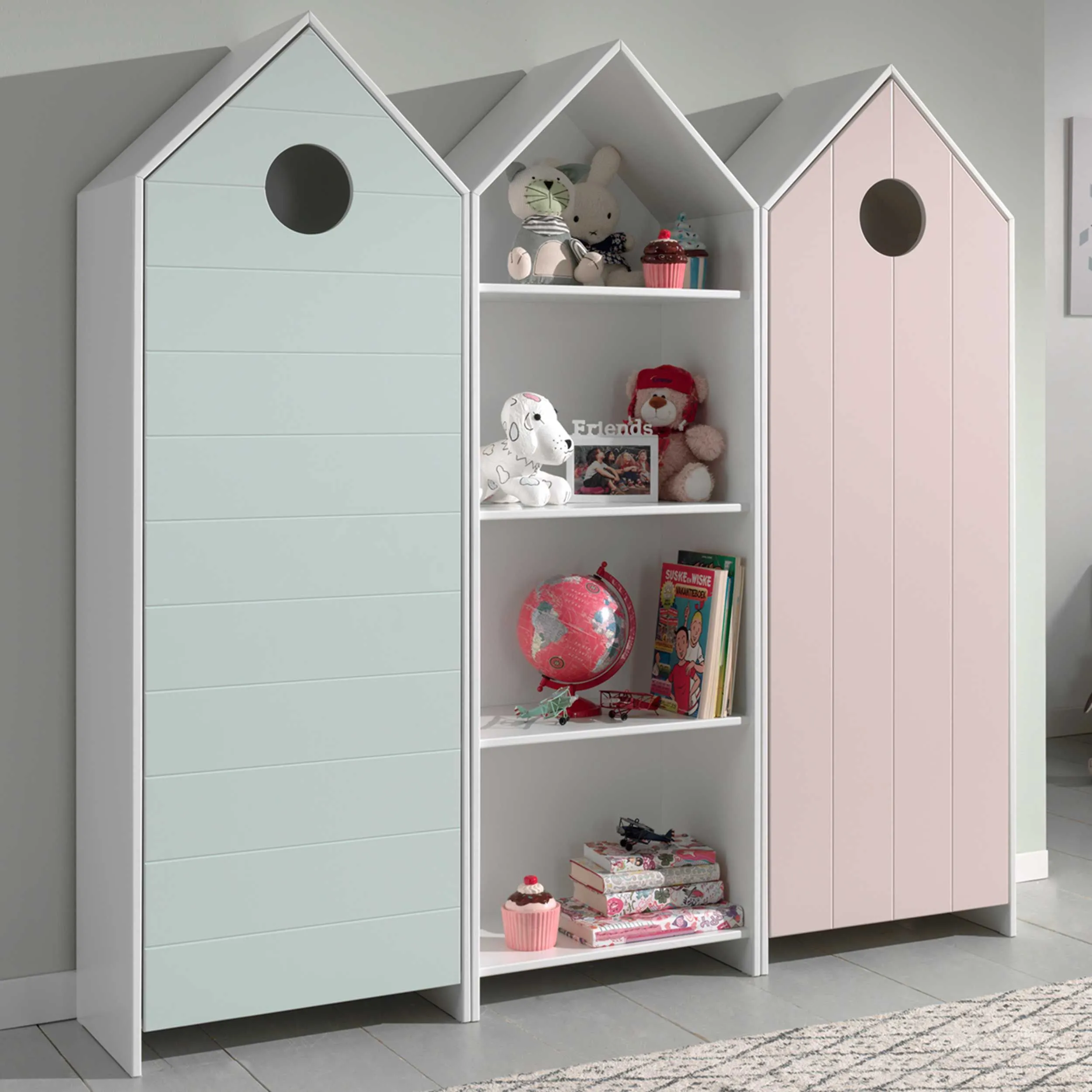 2 armoires Casami + bibliothèque Casami- vert menthe/blanc/rose