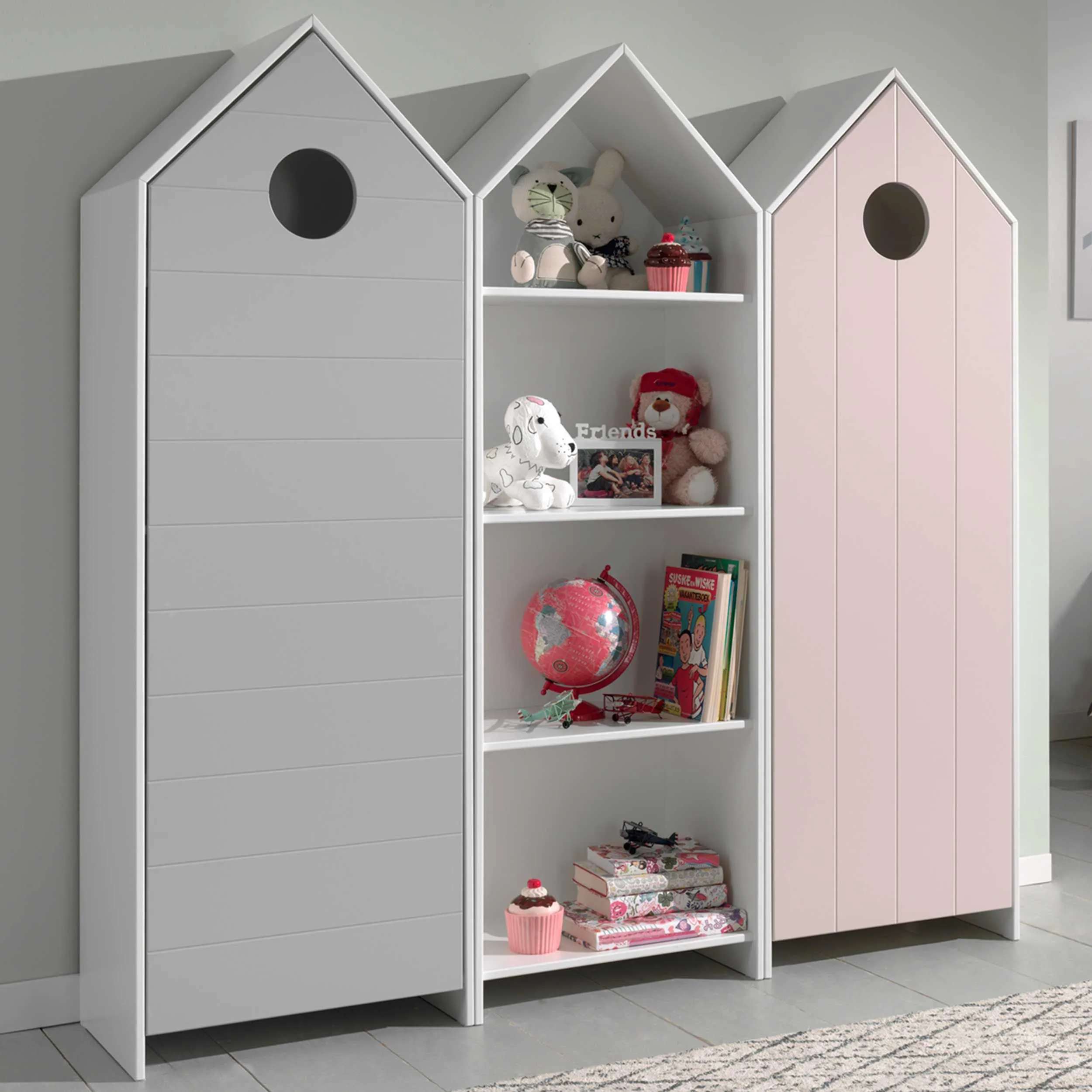 2 armoires Casami + bibliothèque Casami- rose/blanc/gris