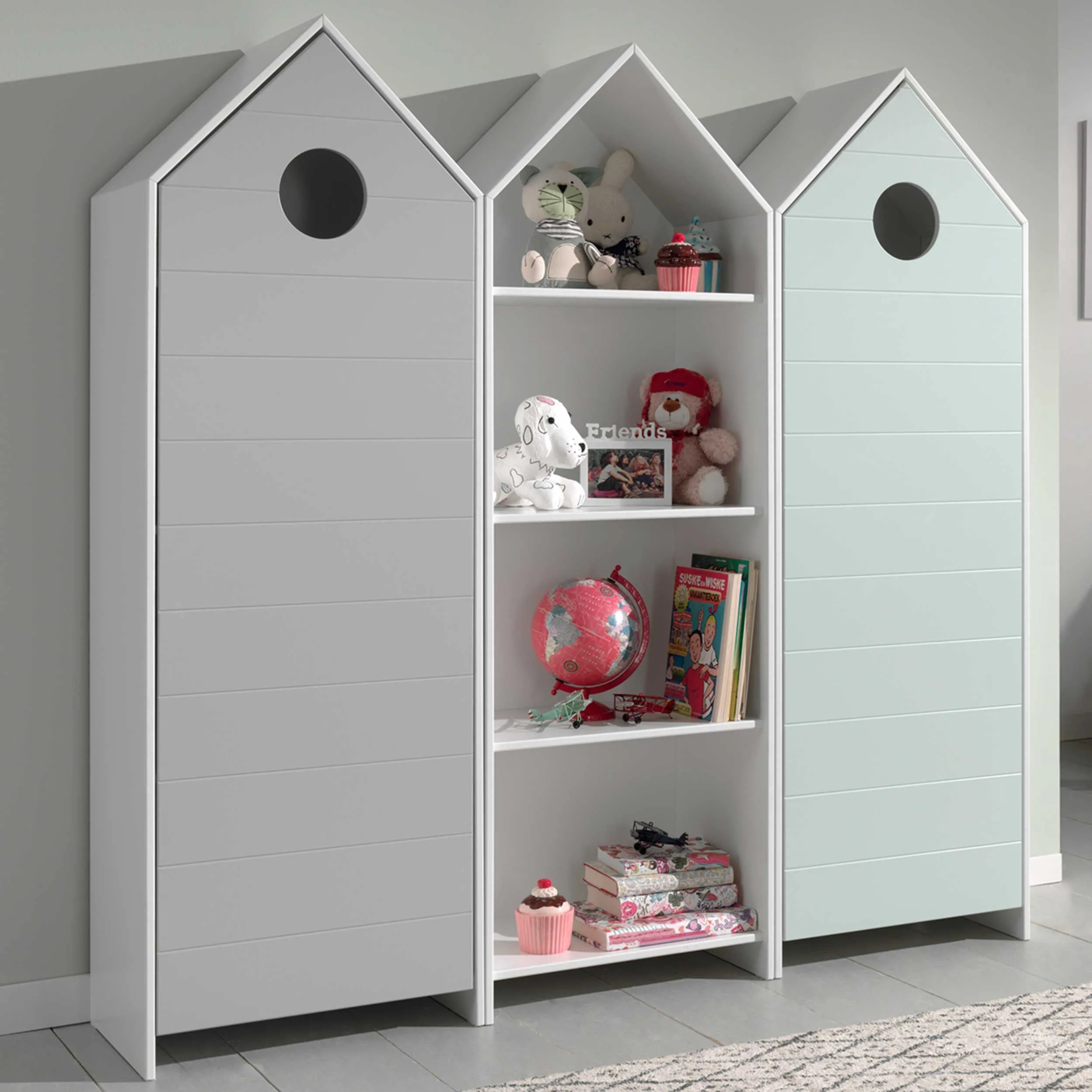 2 armoires Casami + bibliothèque Casami- vert menthe/blanc/gris