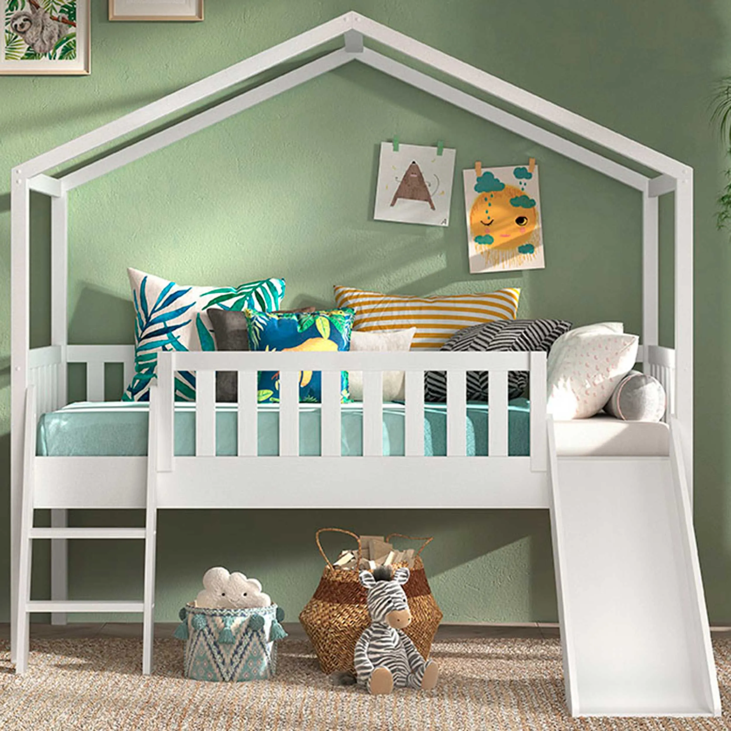 Chambre à coucher Dallas avec échelle et toboggan 90x200 cm - blanc