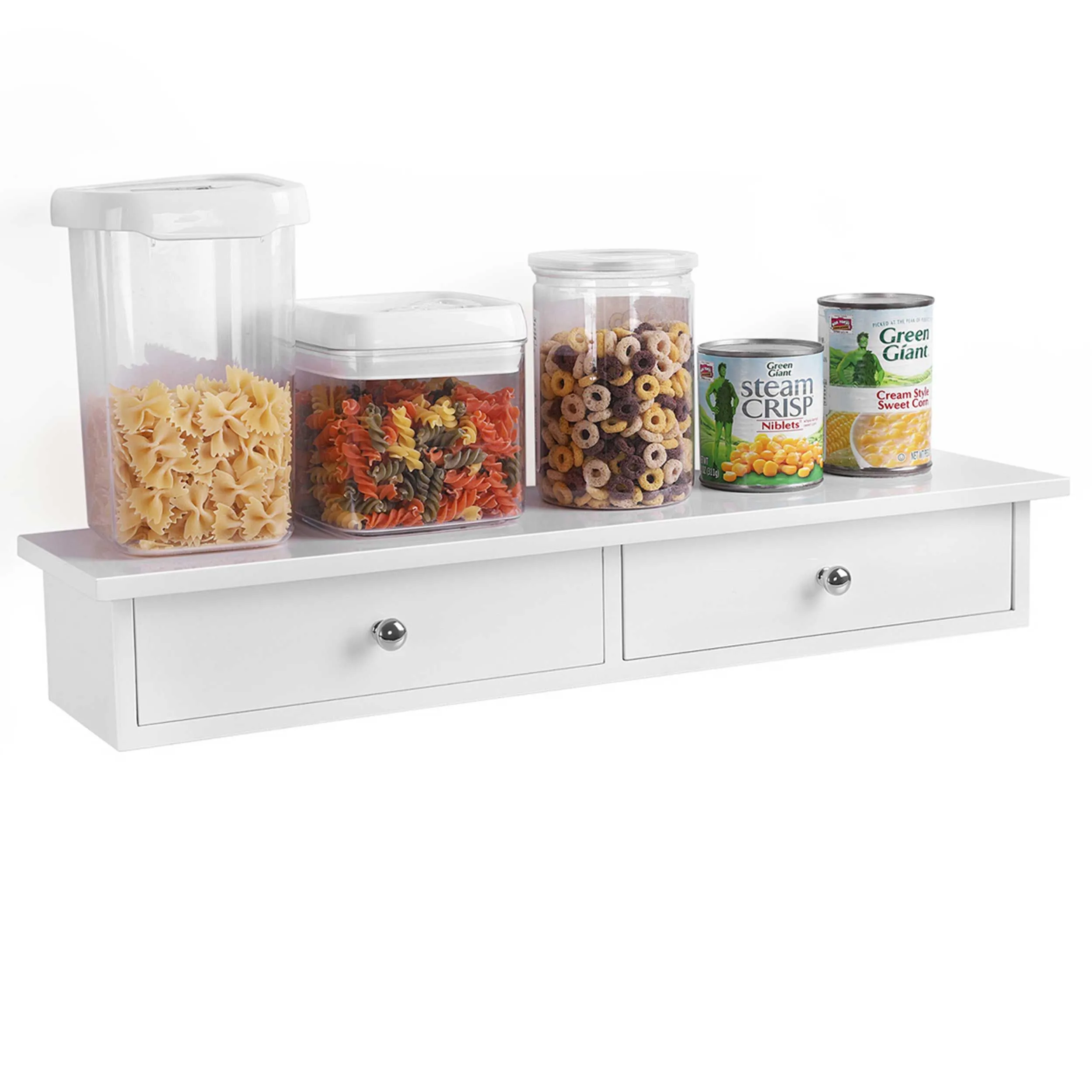 Etagère flottante avec 2 tiroirs, finition brillante, 65 x 15 x 10 cm, blanc