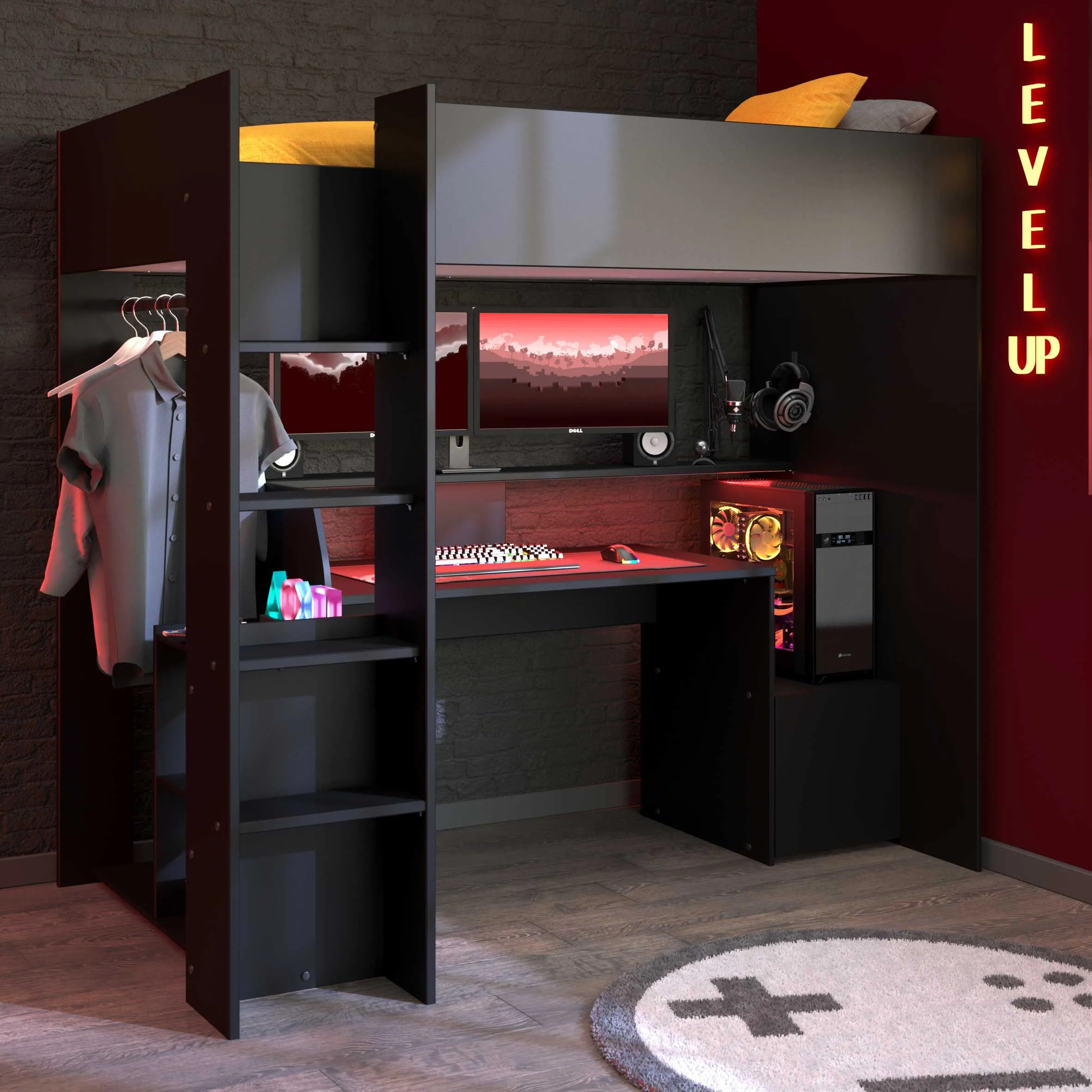 Lit mezzanine Gamer LevelUp 90x200cm avec bureau gamer - noir