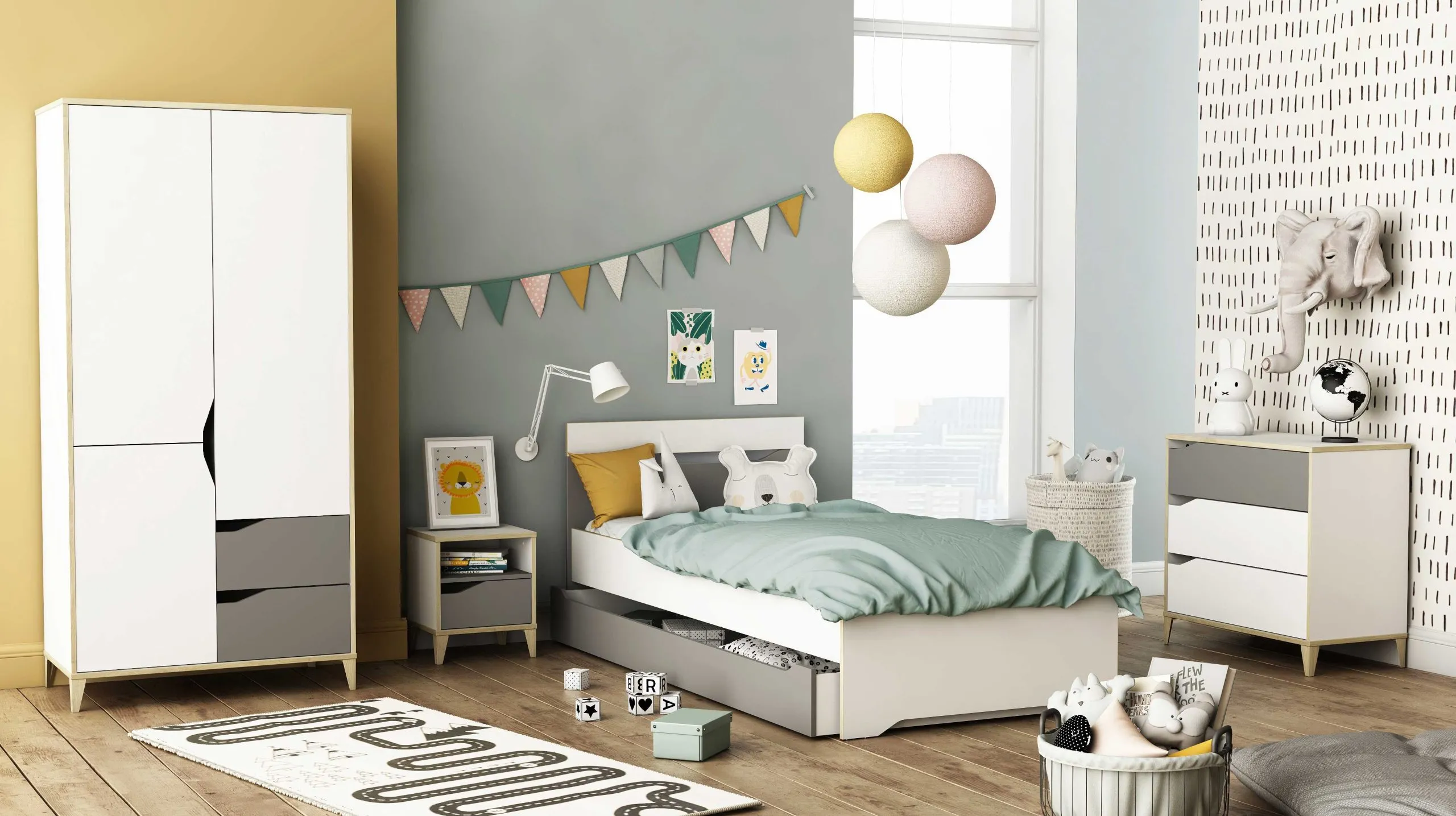 Chambre d'enfant Gerry: lit90x190/200cm avec tiroir, armoire, chevet, commode - blanc