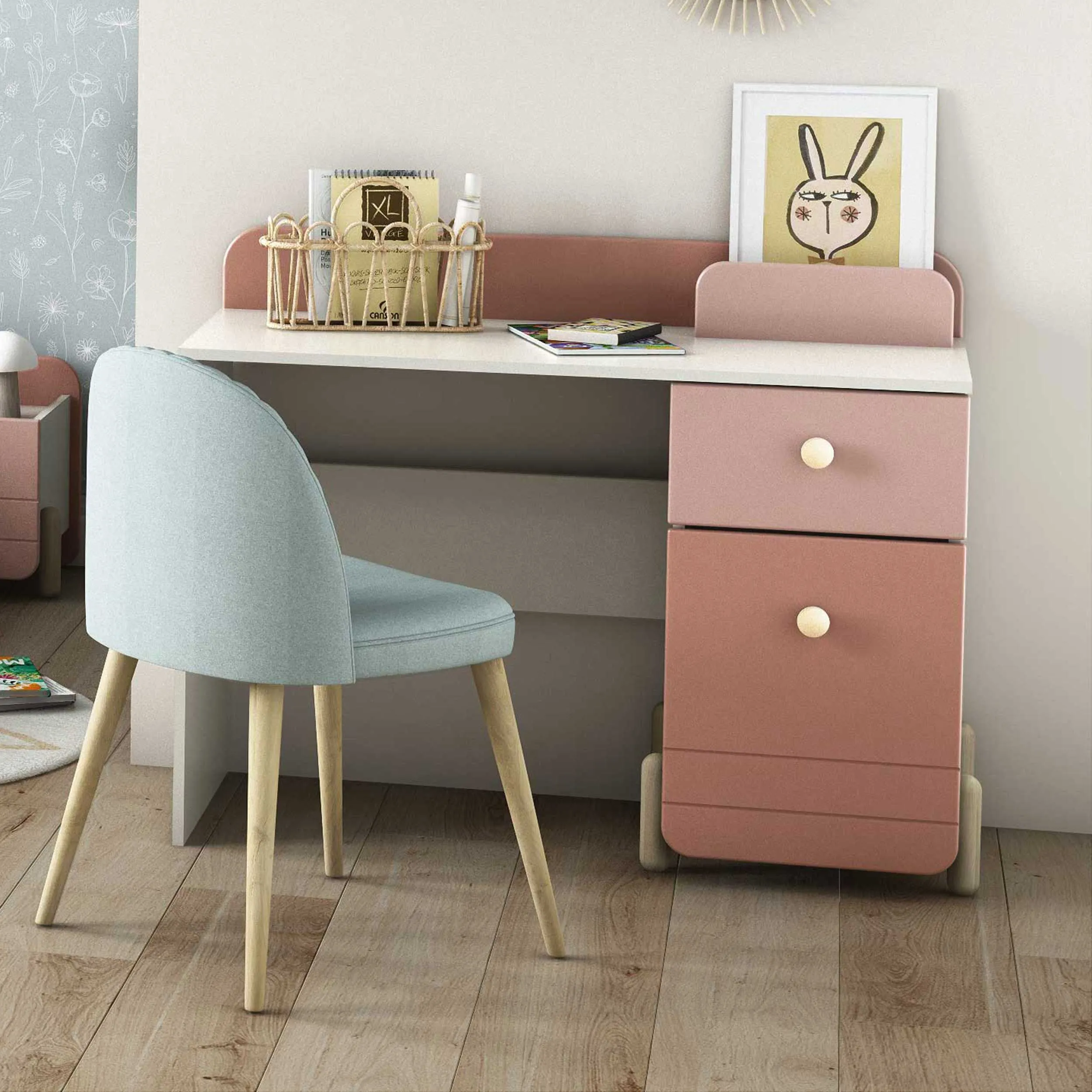 Bureau Janne 1 porte tournante et 1 tiroir-rose mat/blanc mat