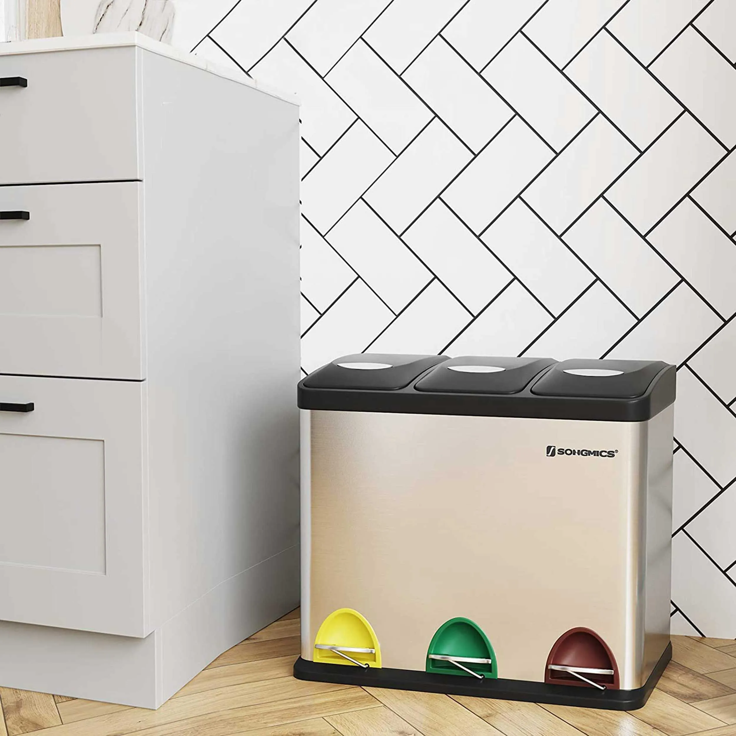 Corbeille de recyclage 3-en-1, 24L, couvercle hermétique, facile à nettoyer