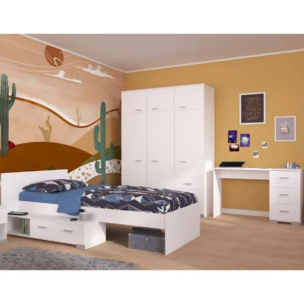 Ensemble de chambre d'enfant Galaxy | Lit simple, bureau, armoire | Blanc