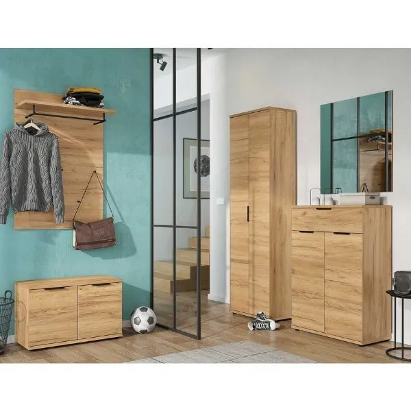 Armoire Frodo | Armoire à chaussures, miroir mural, banc d'entrée, panneau porte-manteau mural, armoire | Chêne de Navarre