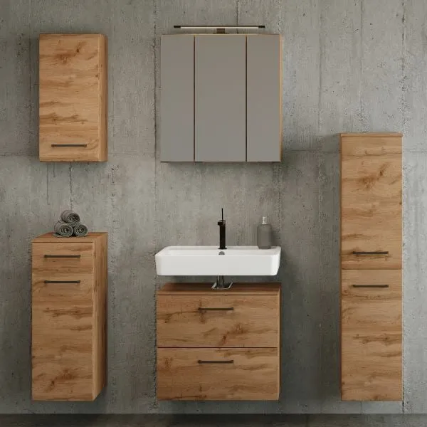 Ensemble de salle de bains Manchester | Meuble lavabo, armoire colonne, armoire de toilette avec éclairage, armoire murale, armoire latérale | Chêne Wotan
