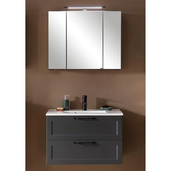 Ensemble de salle de bain Meran | Meuble lavabo, armoire de toilette avec éclairage | Gris