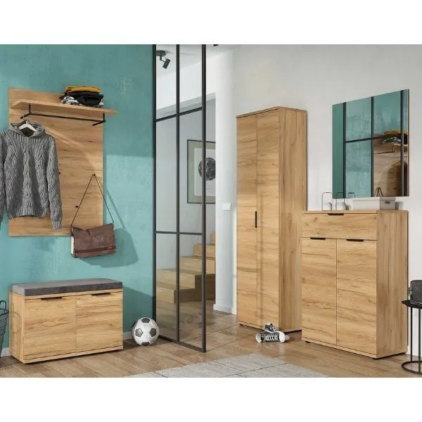 Armoire Frodo | Armoire à chaussures, miroir mural, banc d'entrée, panneau mural, armoire | Chêne de Navarre