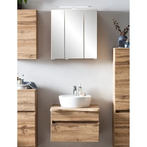 Ensemble de salle de bains Villach | Armoire de toilette et armoire de toilette avec éclairage | Wotan Oak