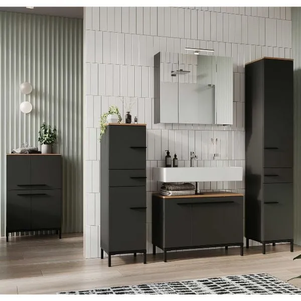 Ensemble de salle de bains Jad | Meuble lavabo, armoire de toilette, meuble latéral, meuble colonne moyen et grand | Couleur graphite