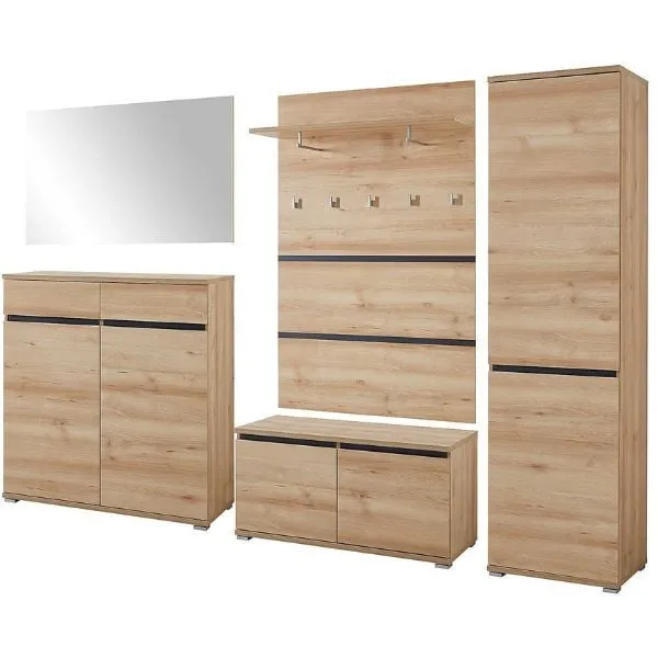 Ensemble d'armoires Lissandro | Armoire, panneau mural, miroir mural, banc de couloir et armoire | Hêtre noble design